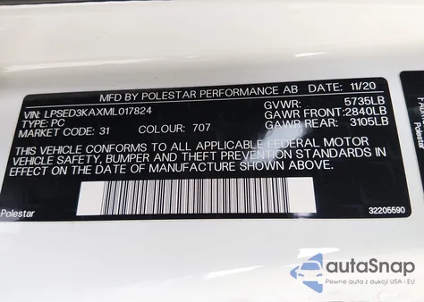 2021 Polestar 2 Launch Edition z USA, uszkodzony, nr VIN LPSED3KAXML017824